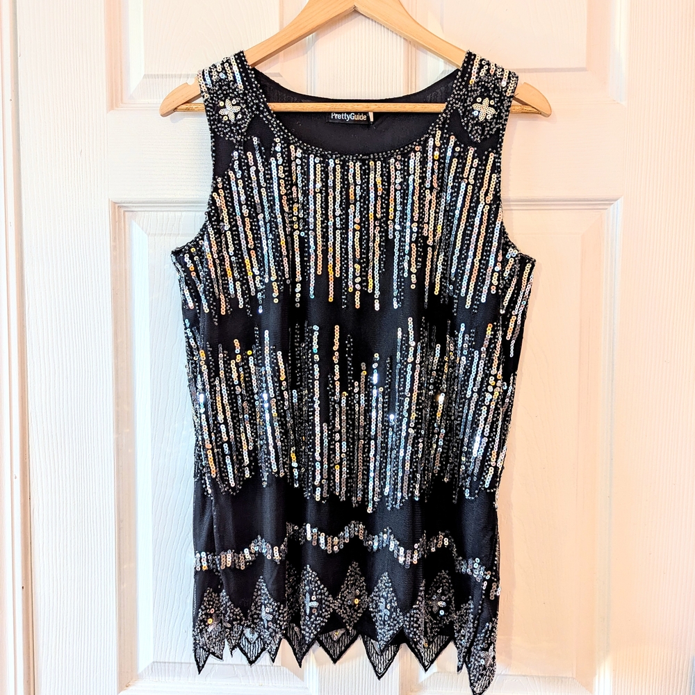 PrettyGuide Black Sequin Tank Top (L)